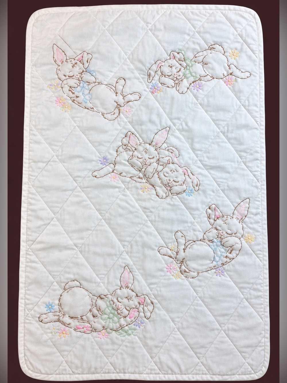 Vintage Baby Quilt Sleeping Bunnies Embroidered Crib Blanket Nursery 25x 32 1/2